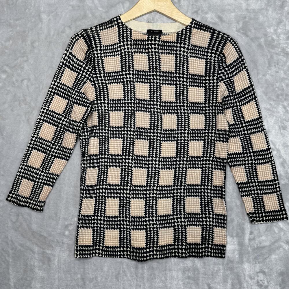 Talbots Sweater Womens Medium Black Beige Merino Wool Plaid Houndstooth Pullover